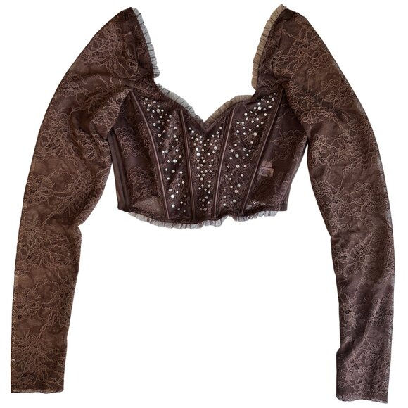 EUC! VS Dream Angels Brown Rhinestone Long Sleeve Corset Bra Top Size XS - Picture 4 of 13